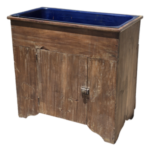 19th Century American Primitive Pine Dry Sink Cupboard Cabinet Vanity W/ Cobalt Blue Enameled Cast Iron Sink & Drain