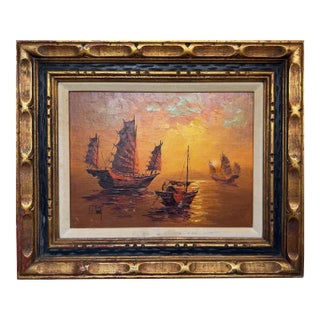 Vintage Chinese Junk Boats Sunset Oil Painting Signed Young Asian Seascape Frame For Sale