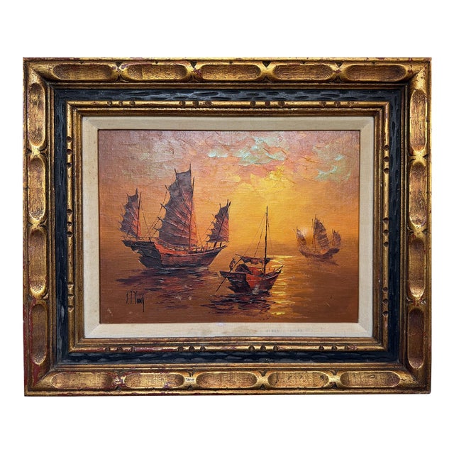Vintage Chinese Junk Boats Sunset Oil Painting Signed Young Asian Seascape Frame For Sale