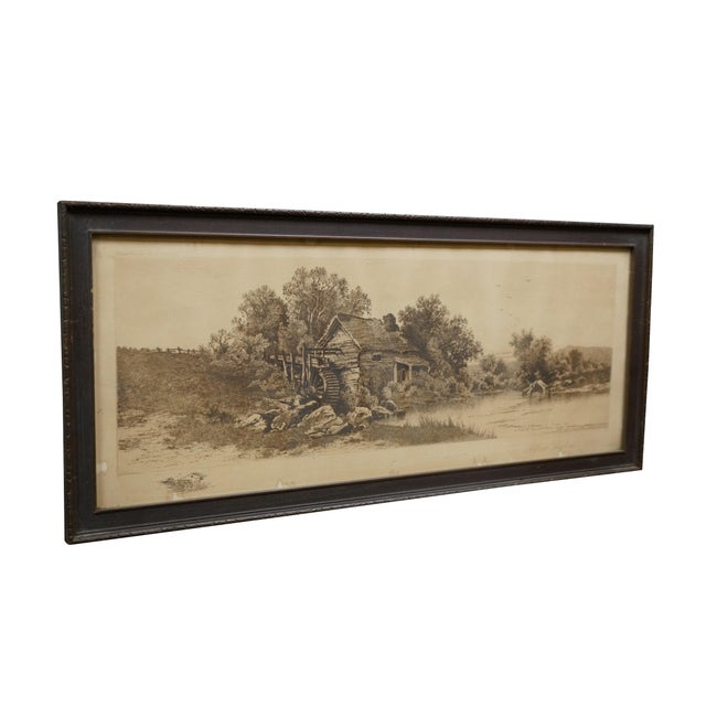 Late 19th century black and white etching by Alfred Hopkins. Panoramic riverscape / landscape showing The Old Mill House -...