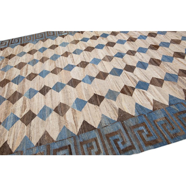 2020s Flatweave Deco Style Kilim Wool Rug With Beige Modern Geometric Design For Sale In New York - Image 6 of 7