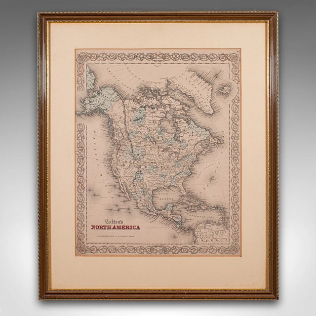 This is an antique North America map. A USA, framed lithography atlas engraving of the continent by JH Colton, dating to...