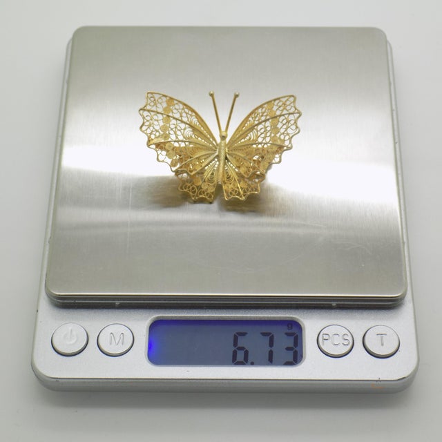 Gold Vintage Italian Gilded Silver 800 Filigree Butterfly Brooch, Genoa, 1970s For Sale - Image 8 of 11