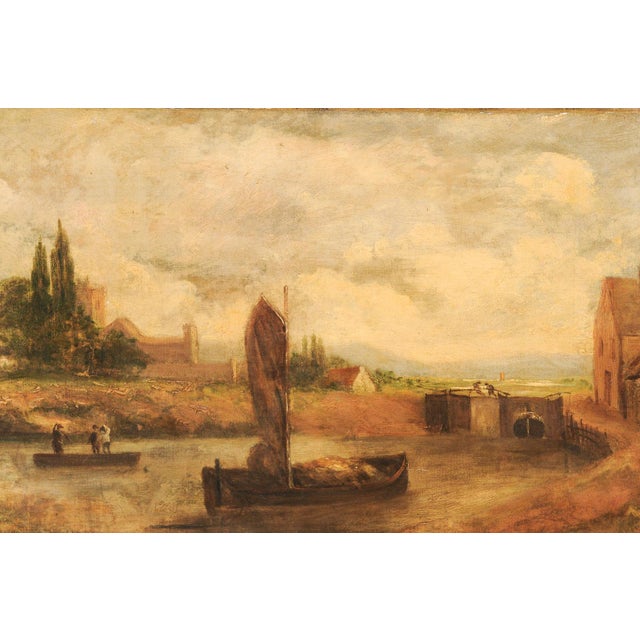 European Riverside Village Painting, 19th C For Sale - Image 4 of 13