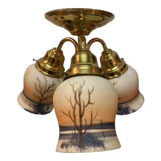 Vintage 1920s Brass Three Light Fixture With Hand Painted Glass Shades For Sale
