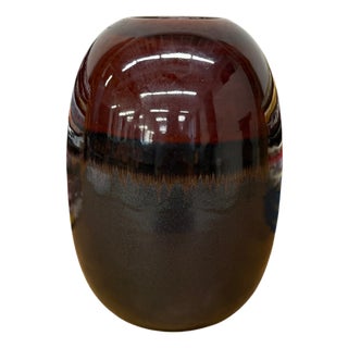 Round Steel Grey & Red Ceramic Vase with Black Center For Sale