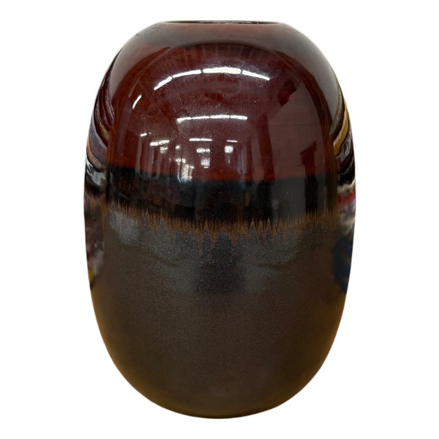 Round Steel Grey & Red Ceramic Vase with Black Center For Sale