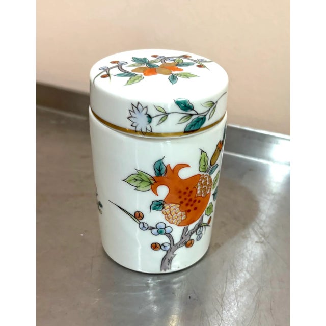 1950s-60s asian ceramic white/orange cylindrical box. Excellent condition.