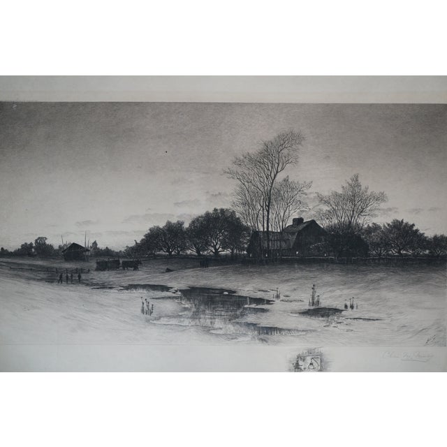 Antique Charles Frederick Mielatz Signed Country Farmhouse Etching 32" For Sale - Image 6 of 11