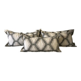Custom Lumbar Grey & Cream Embroidered Pillows- Set of 3 For Sale