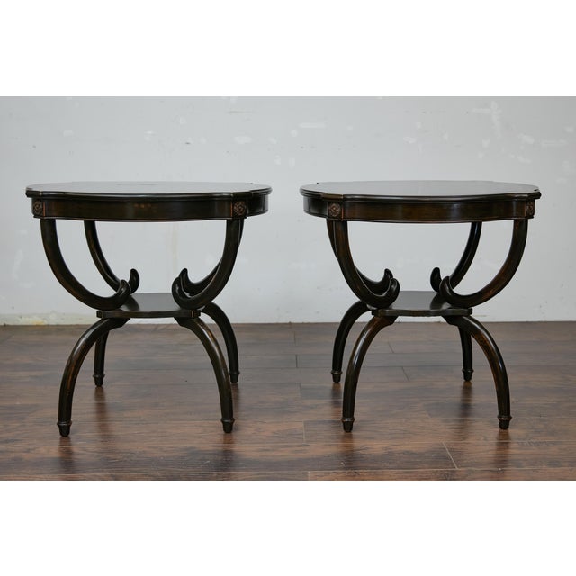 English Midcentury Period Dark Lacquered Side Tables with Neoclassical Accents For Sale - Image 12 of 12