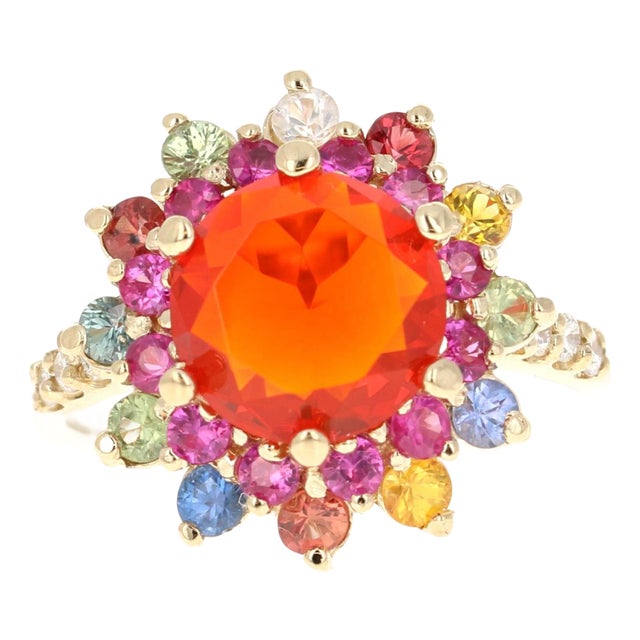 2.94 Carat Fire Opal Sapphire Diamond Yellow Gold Ring For Sale