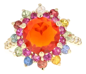 2.94 Carat Fire Opal Sapphire Diamond Yellow Gold Ring