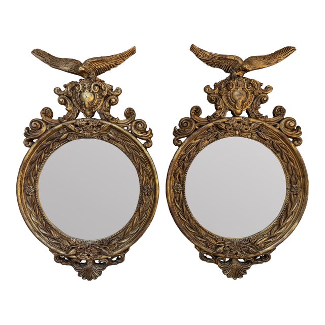Pair of Monumental Federal Giltwood Eagle Convex Mirrors For Sale
