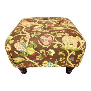 Petite Ottoman Footstool Upholstered in Uzbek Linen For Sale