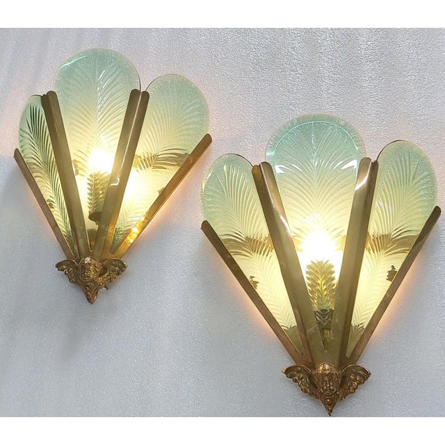 Vintage Art Deco Nouveau Brass Cut Glass Fixture Slip Shade Wall Sconces Lamp Ship Light - a Pair For Sale - Image 4 of 5