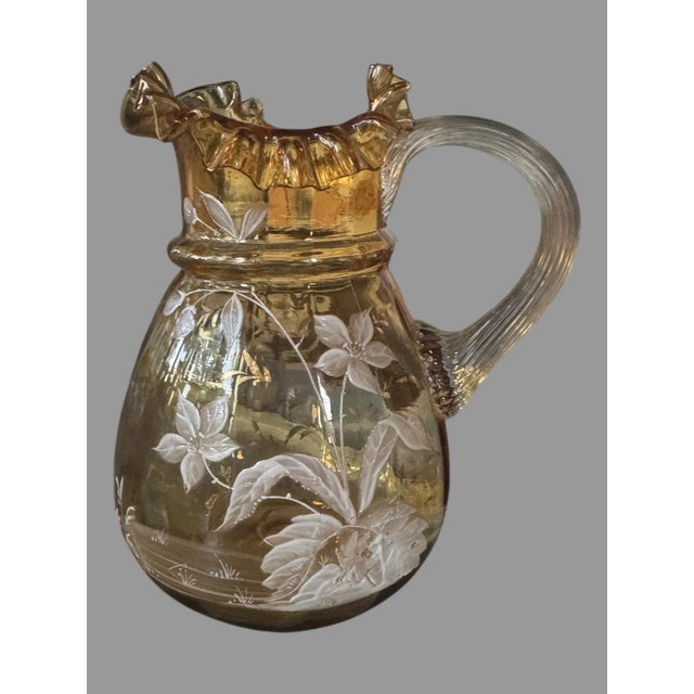 Antique Victorian Floral Enamel Decorated Art Glass Water Pitcher with 4 Glasses In very good original condition showing...