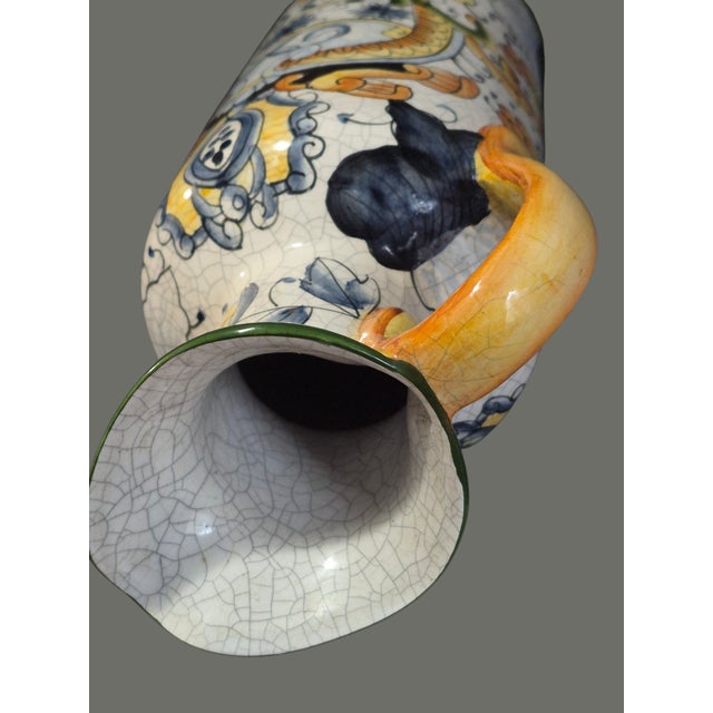 Late 20th Century Crackle Ceramic Italian Ewer Pitcher Multi Color Tuscan Deruta Motif For Sale - Image 9 of 10