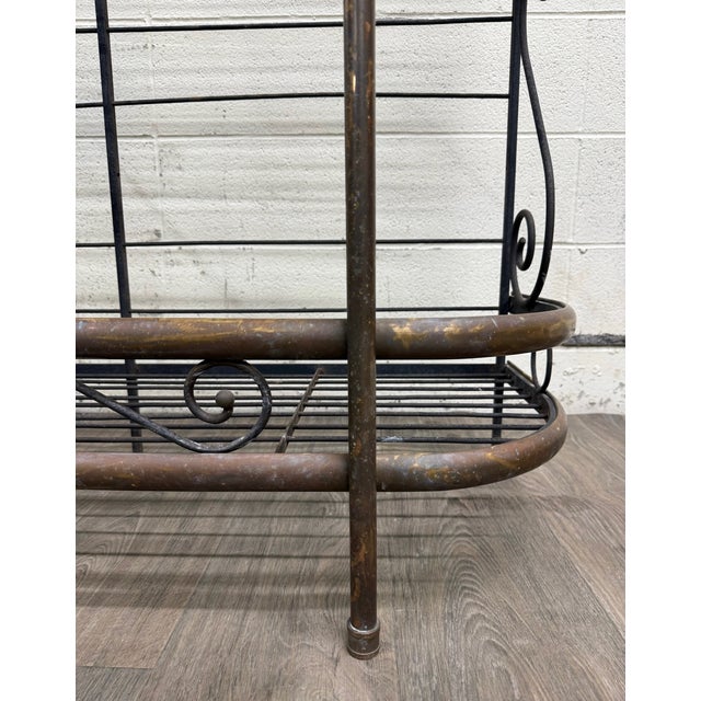 Black Vintage French Country or Mediterranean Style Wrought Iron Brass Baker’s Rack For Sale - Image 8 of 15