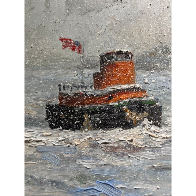 Bucks County Impressionist Christopher Willett depicts a tugboat in New York Harbor in a heavy snowstorm, flag waving in...