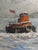 Bucks County Impressionist Christopher Willett depicts a tugboat in New York Harbor in a heavy snowstorm, flag waving in...