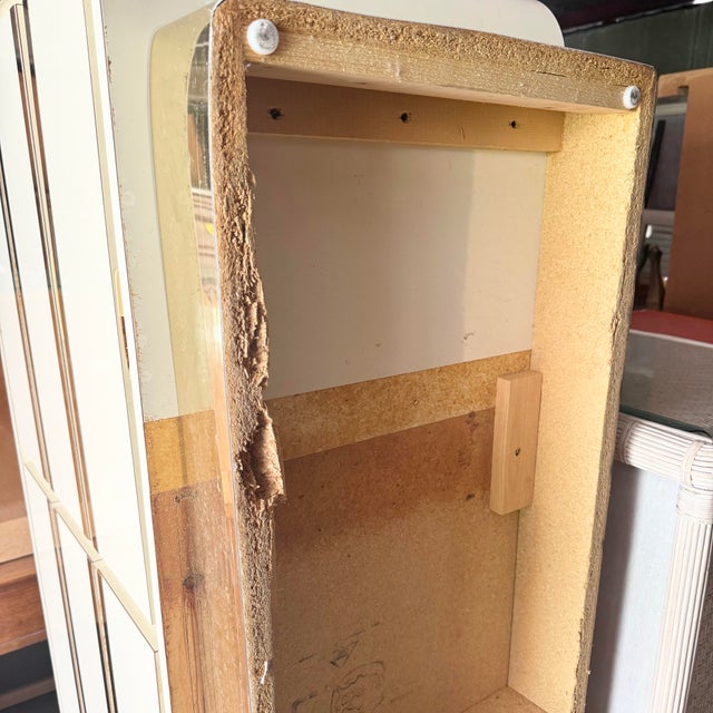 Wood Postmodern Cream Gloss Laminate Waterfall Dresser With Gold Accents For Sale - Image 7 of 8