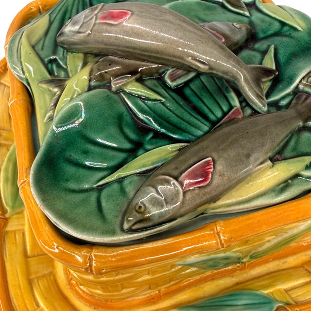 Ceramic A Victoria Pottery Majolica Yellow Basketweave Sardine Box, English, Ca. 1882 For Sale - Image 7 of 13