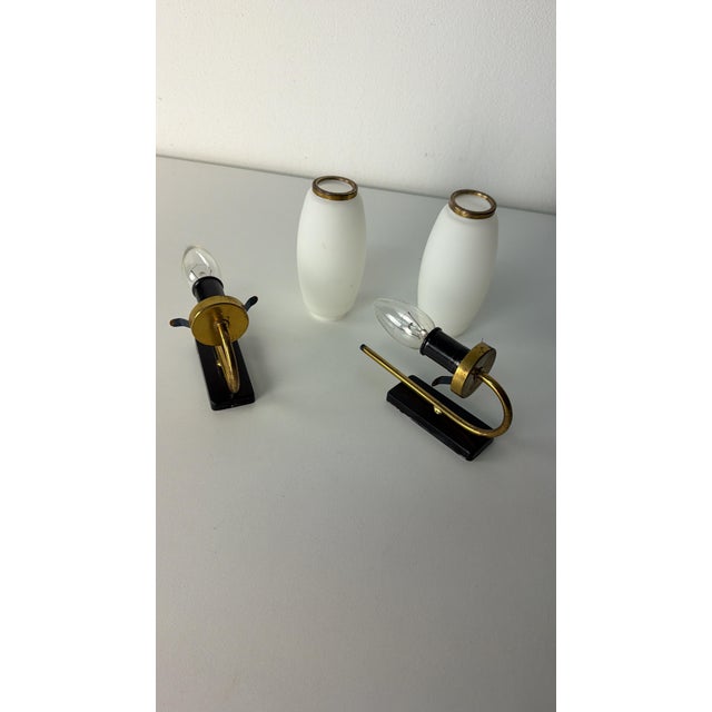 Vintage Opal Glass and Brass Wall Lamps, 1950s, Set of 2 For Sale - Image 9 of 12