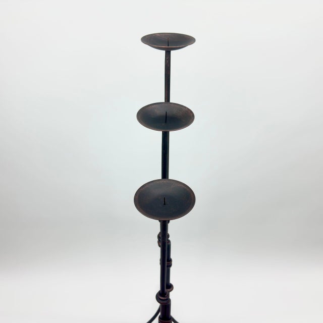 Hand Forged Iron Candelabra Set of 3 (90-110cm) Antique Copper Finish Iron Bamboo Stem with Scroll Base Estate Set For Sale - Image 4 of 6
