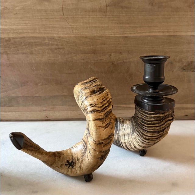 2000 - 2009 Pair of Large Faux Ram's Horn Candle Holders For Sale - Image 5 of 12