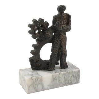 Brutalist Bronze Sculpture on Marble Base, Man and Machine, 1970s For Sale