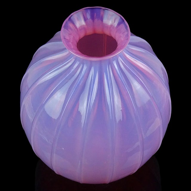 Vintage Murano Barovier Toso Pink Opalescent Italian Art Glass Paneled Surface Decorative Flower Vase For Sale In Orlando - Image 6 of 10