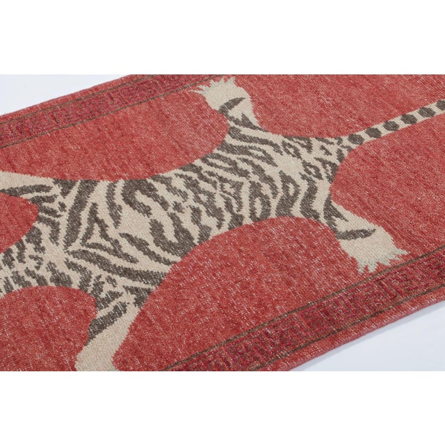 Rug & Kilim Rug & Kilim’s Distressed Tiger Runner Rug in Red With Beige and Brown Pictorial For Sale - Image 4 of 8