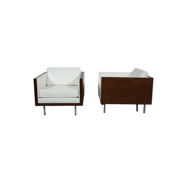 Pair of Vintage Walnut Cube Chairs Amazing pair of walnut cased cube chairs. New gorgeous cream white leather upholstery,...
