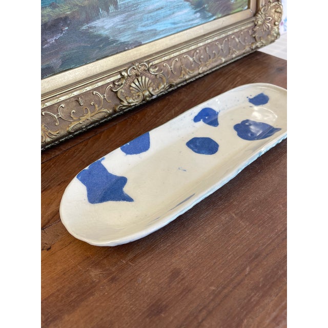 Blue Handmade Studio Pottery Tray With Blue Abstract Glaze and Textured Underside For Sale - Image 8 of 9