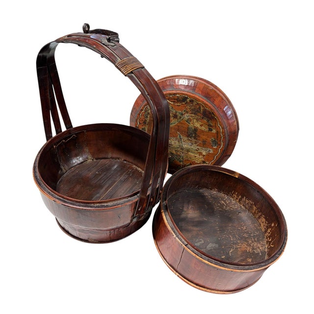 19th Century Antique Chinese Wedding Basket 3 Tier Lacquered Wood Dowry Basket 20” For Sale - Image 5 of 7