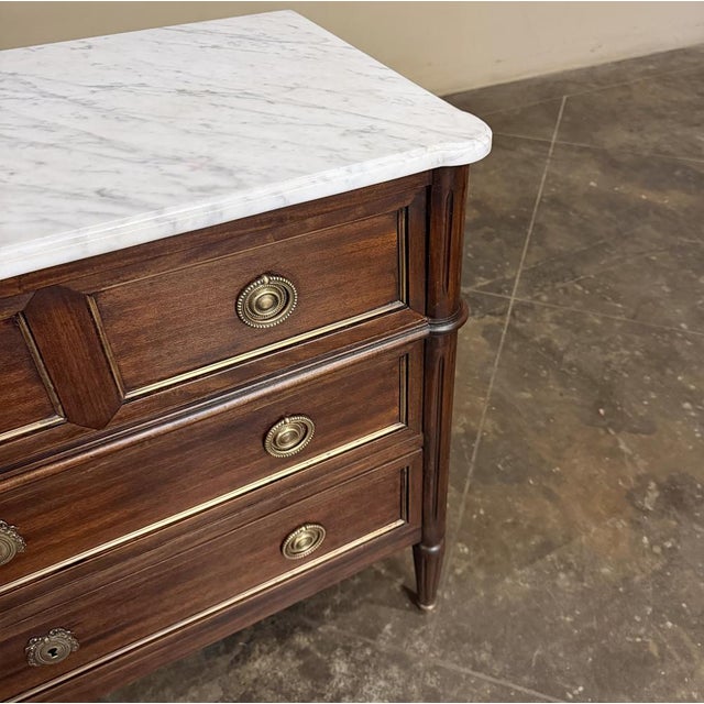 Antique French Louis XVI Mahogany Commode With Carrara Marble For Sale - Image 16 of 17