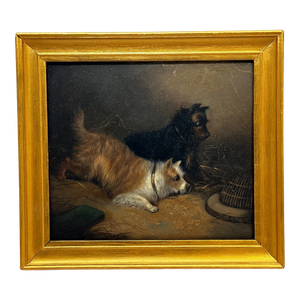 British Victorian Oil Painting of Hunting Terrier Dogs Ratting Signed George Armfield Dated 1867