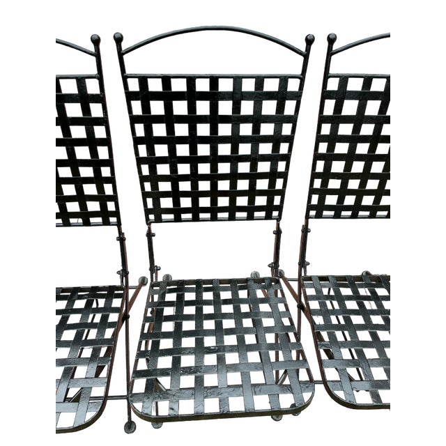 John Salterini Vintage Black Wrought Iron Salterini Style Lattice Garden Bistro Folding Chairs - Set of 4 For Sale - Image 4 of 10