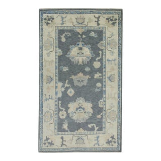 Early 21st Century Gray Floral Design Handwoven Wool Turkish Oushak Rug 3'10" X 6'2" For Sale