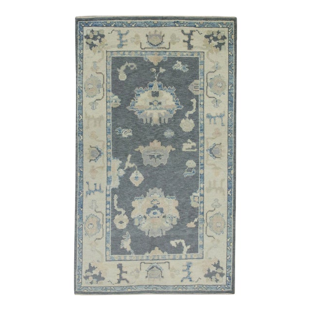 Early 21st Century Gray Floral Design Handwoven Wool Turkish Oushak Rug 3'10" X 6'2" For Sale