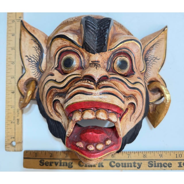 Mid 20th Century Vintage Balinese Hand-Carved & Painted Barong Monkey Wood Wall Mask For Sale - Image 5 of 11