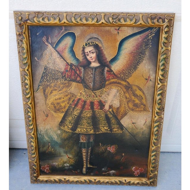 Pair Cusco School Paintings Madonna and Child & Archangel Barachiel 20th Century For Sale - Image 4 of 12