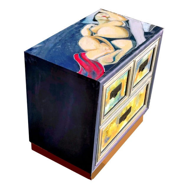 Wood Patrick Briggs 'Tamara De Lempica" 2021 Acrylic Painted Campaign Style Wooden Nightstand For Sale - Image 7 of 12