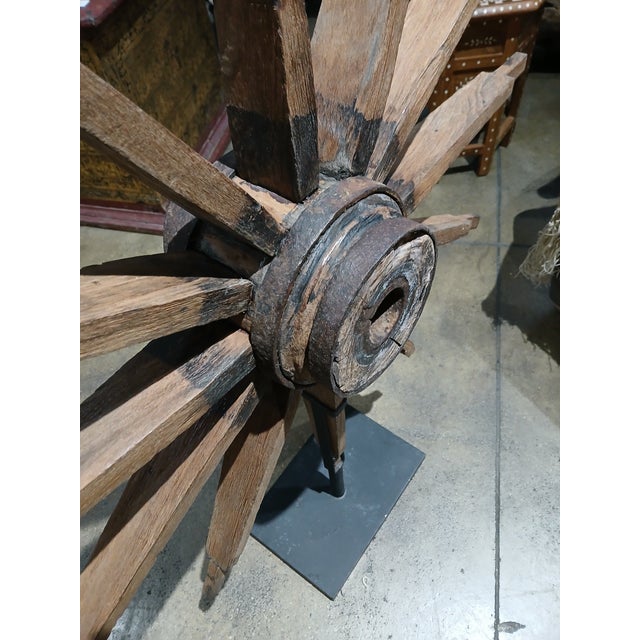 19th Century Wooden Wagon Wheel on Stand, Indonesia For Sale - Image 15 of 18