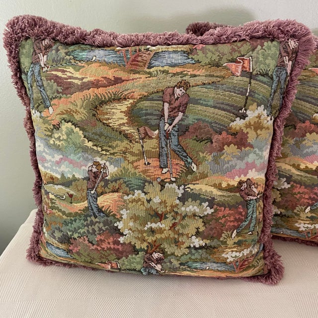 Figurative Vintage American Made Golf Tapestry Throw Pillows- Set of 2 For Sale - Image 3 of 6