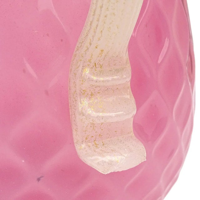 Murano Vintage Pink White Opal Gold Flecks Diamond Quilted Surface Italian Art Glass Pitcher Flower Vase For Sale - Image 9 of 12