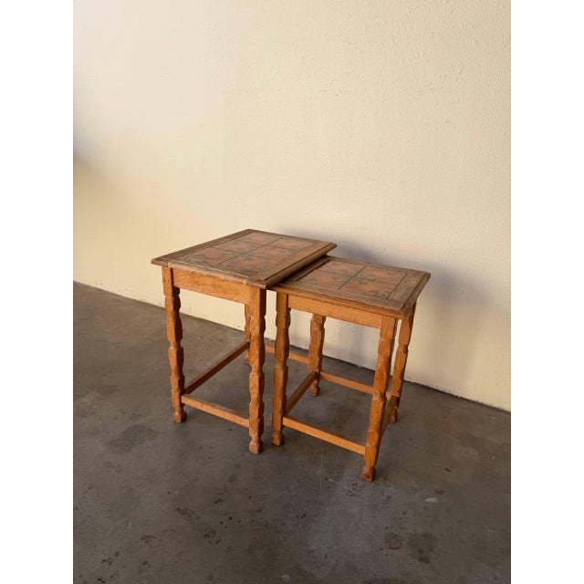Vintage Danish Oak Nesting Tables With Decorative Tile Inlays For Sale - Image 4 of 9