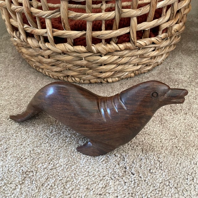 Mid-Century Modern Vintage Hand-Carved Iron Wood Sea Lion Mid-Century Modern Carving Animal Coastal For Sale - Image 3 of 8