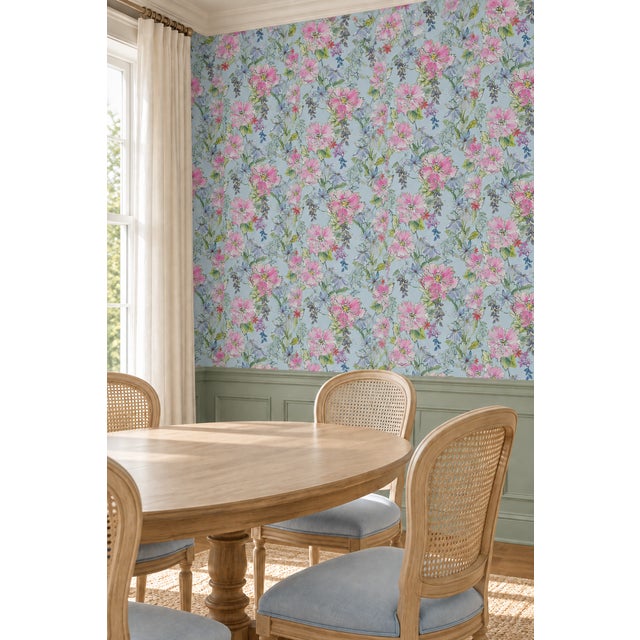 Illustration Painter's Garden Blue Floral Grasscloth Wallpaper by House Party | 8 Yards For Sale - Image 3 of 11